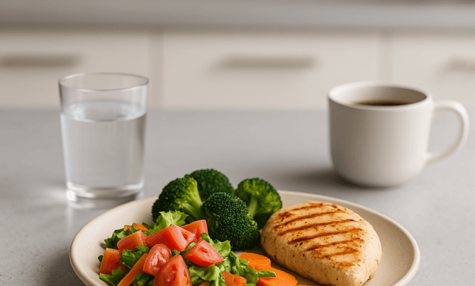 Healthy meal preparation in a modern kitchen for managing hunger during a diet and fat loss phase.